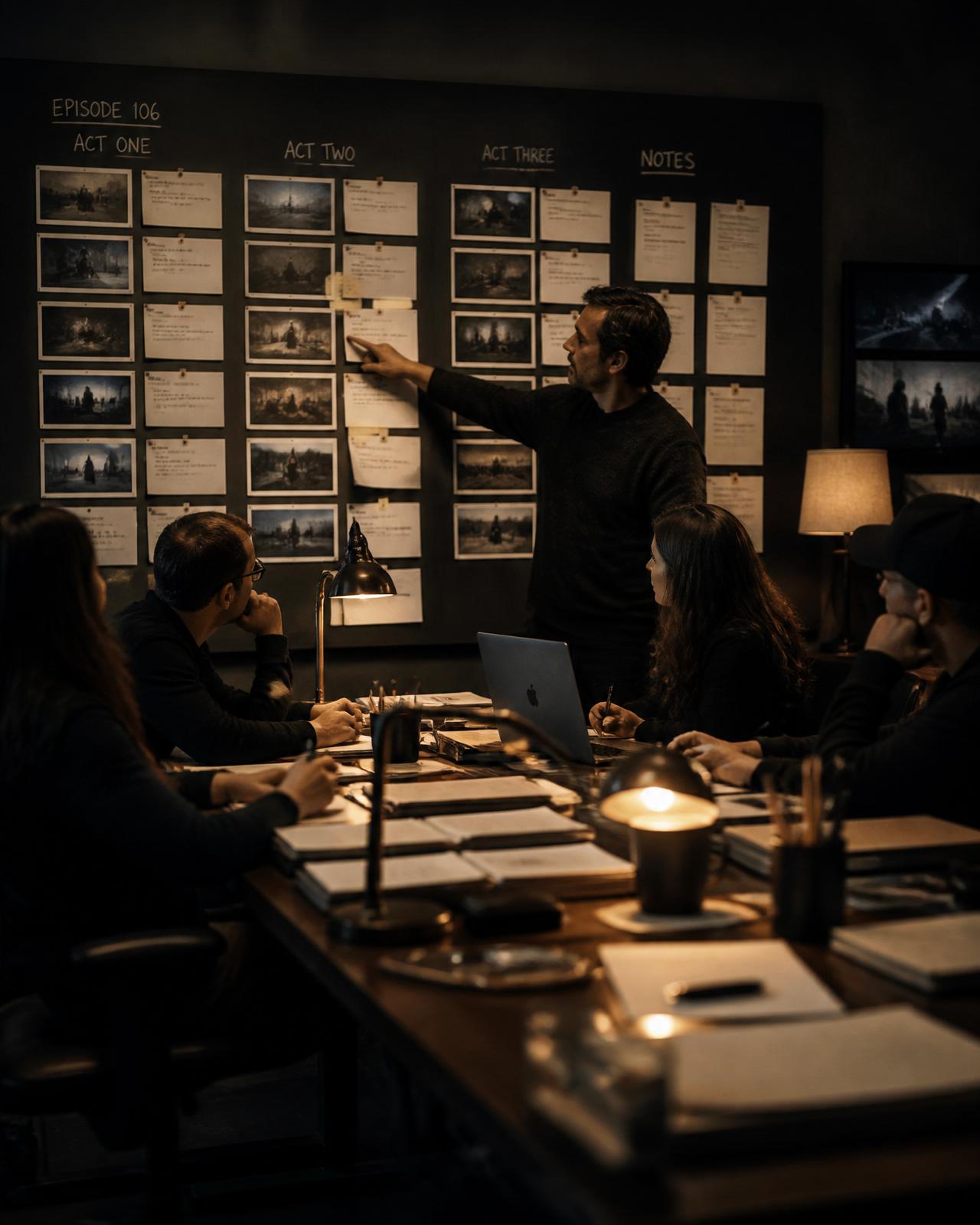 Executive producer leading a creative team around a storyboard wall